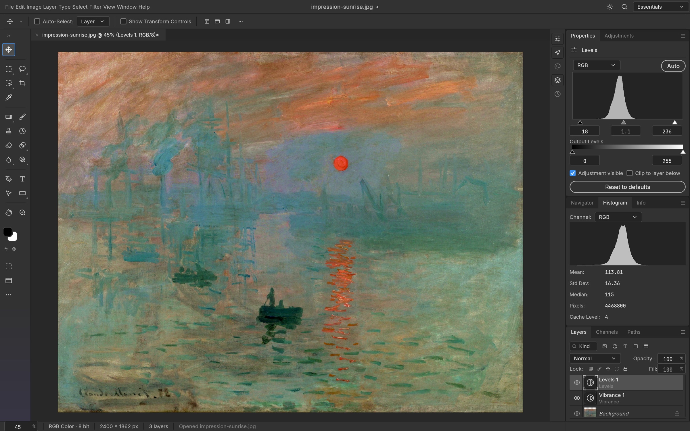 Levels and Vibrance adjustments with a live histogram on Monet’s Impression, Sunrise.