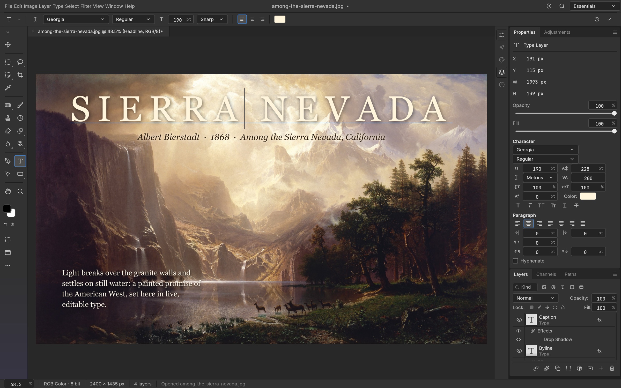 Editable type and character controls over Bierstadt’s Among the Sierra Nevada, California.