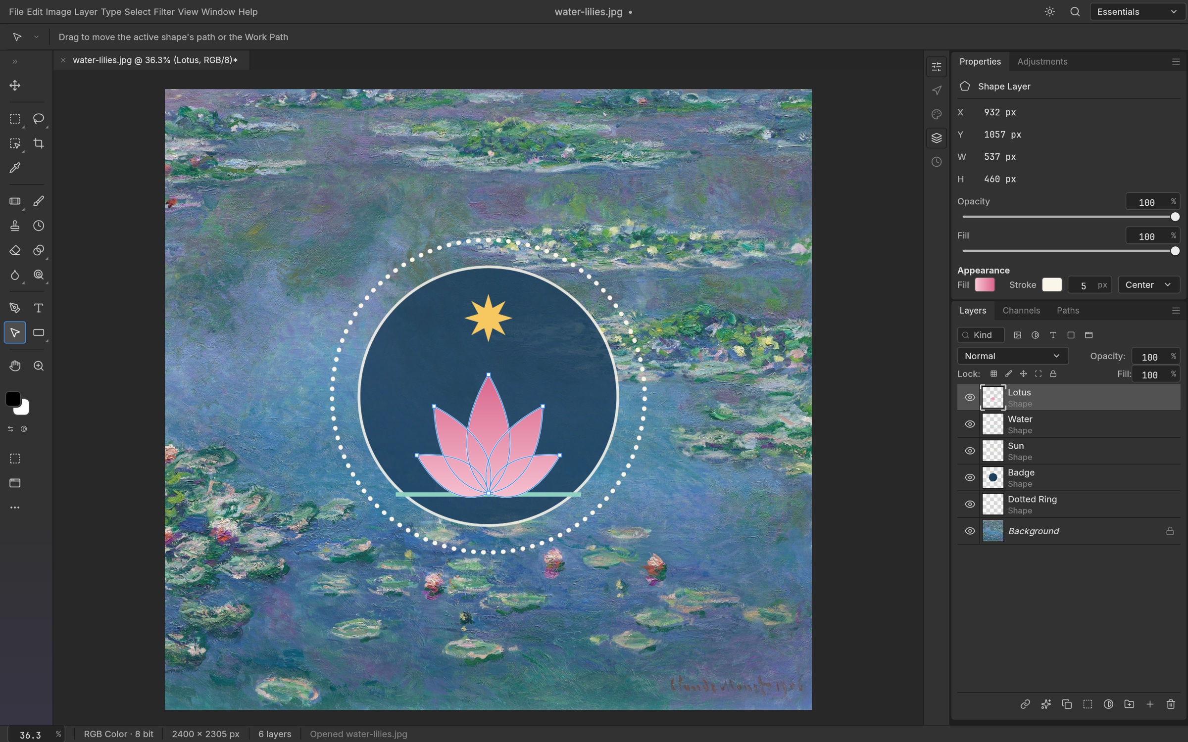 Vector shapes and strokes over Monet’s Water Lilies.